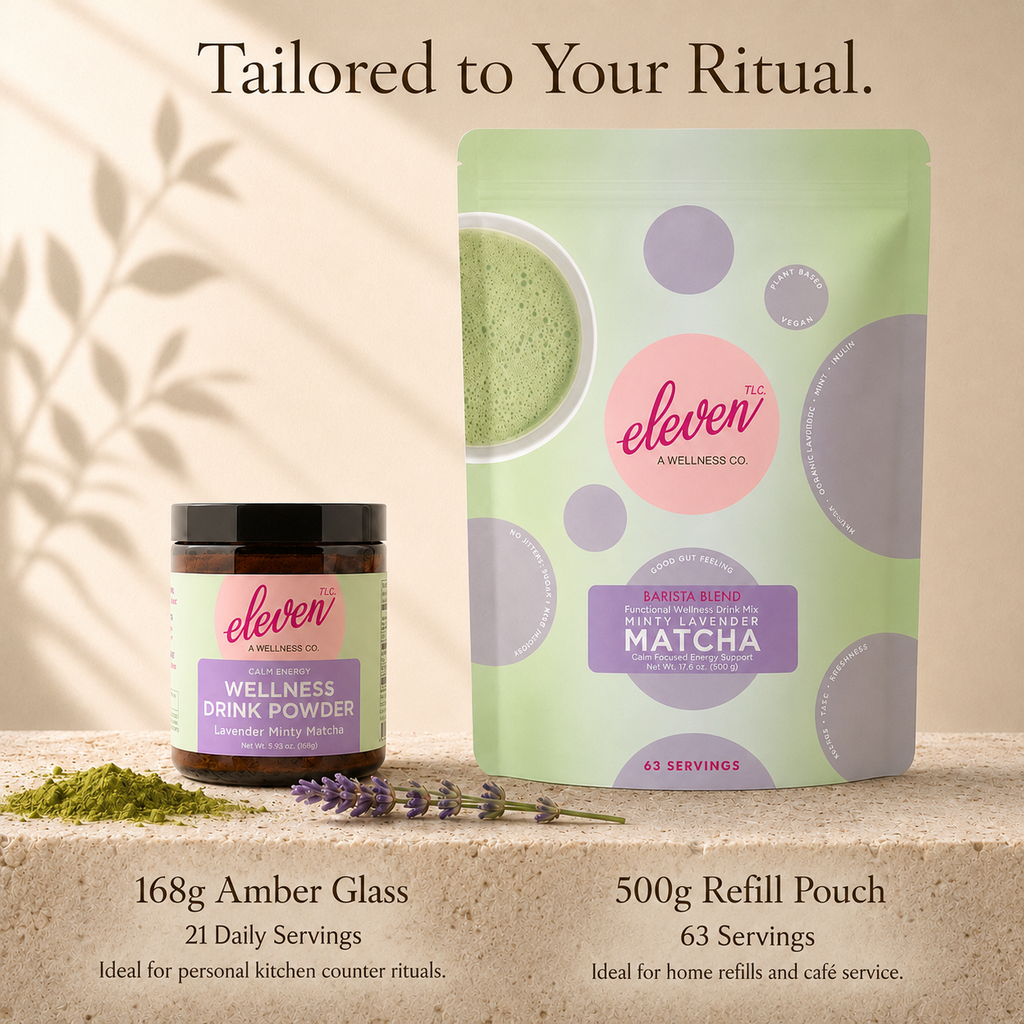 eleven-tlc-minty-lavender-matcha-powder-infographic-comparing-168g-amber-glass-jar-and-500g-barista-blend-bulk-pouch-on-travertine-stone-surface