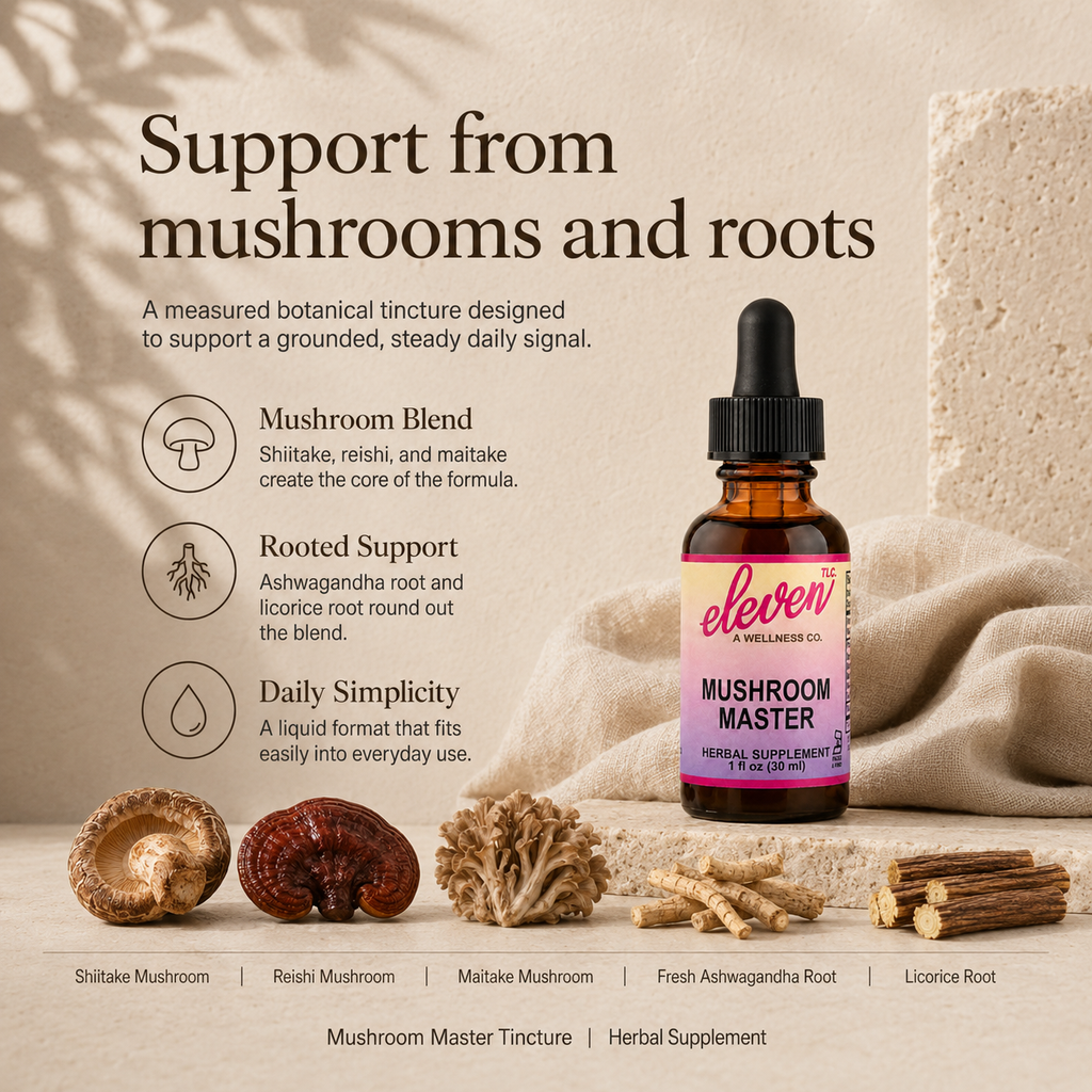 Infographic for Mushroom Master tincture detailing reishi, shiitake, maitake, ashwagandha, and licorice root benefits.