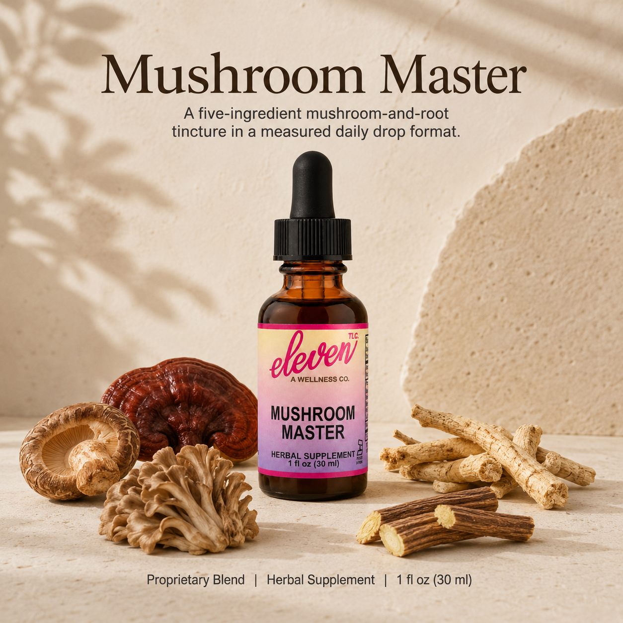 Eleven TLC Mushroom Master tincture bottle with Reishi, Shiitake, Maitake, and Ashwagandha on wooden surface.
