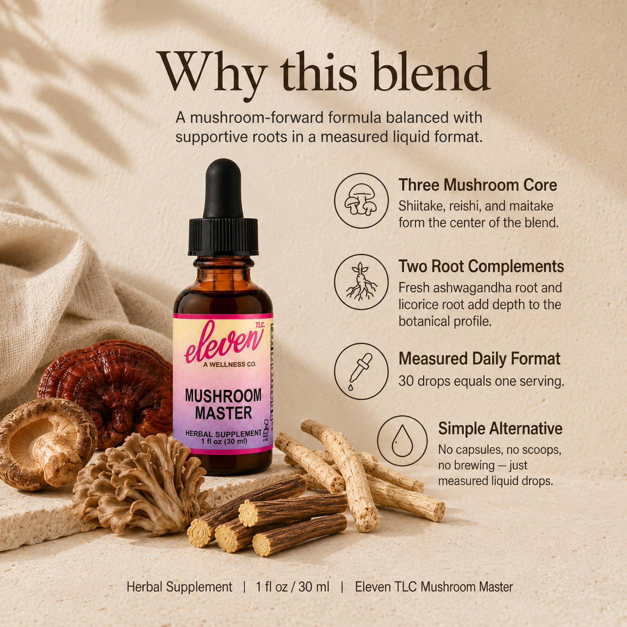 Amber glass dropper bottle of Mushroom Master tincture with reishi, shiitake, maitake, ashwagandha, and licorice.