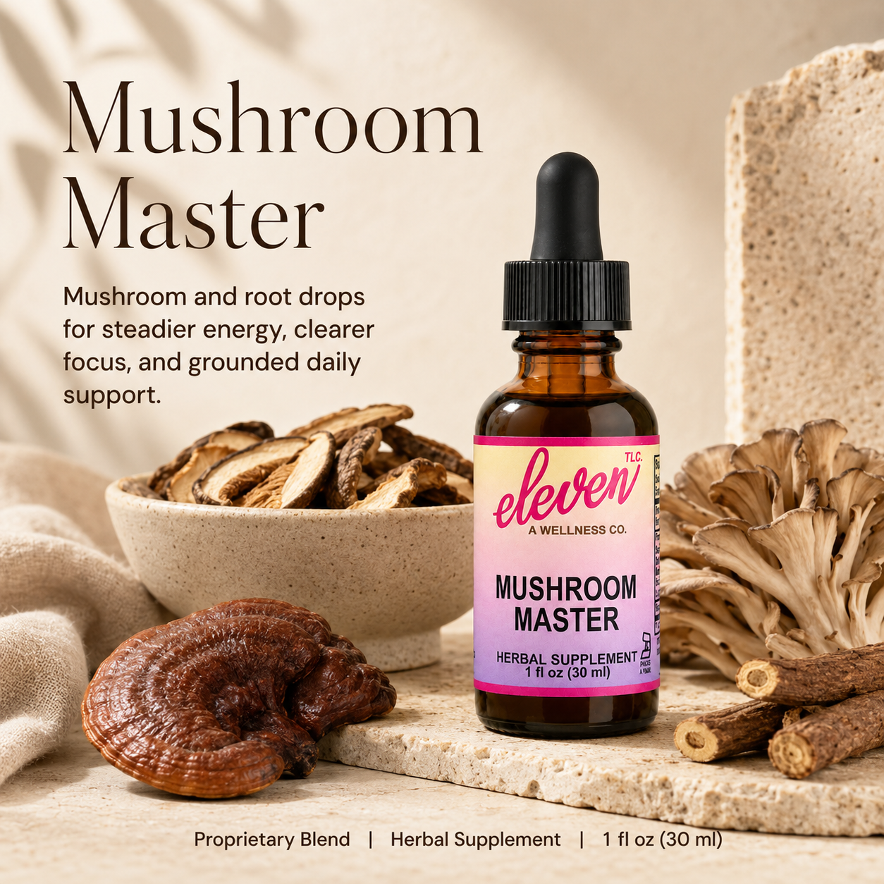 Eleven TLC Mushroom Master tincture bottle with dried Reishi and Shiitake on a textured stone surface, 1oz amber glass.