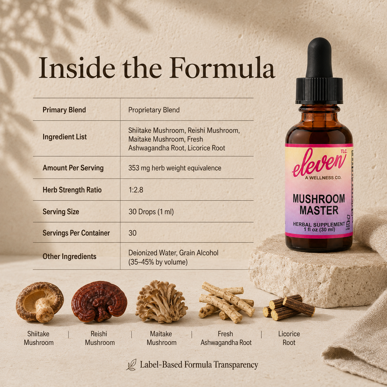 Formula infographic for Mushroom Master tincture showing 1:2.8 strength ratio of shiitake, reishi, maitake, ashwagandha, licorice.