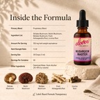 Formula infographic for Mushroom Master tincture showing 1:2.8 strength ratio of shiitake, reishi, maitake, ashwagandha, licorice.