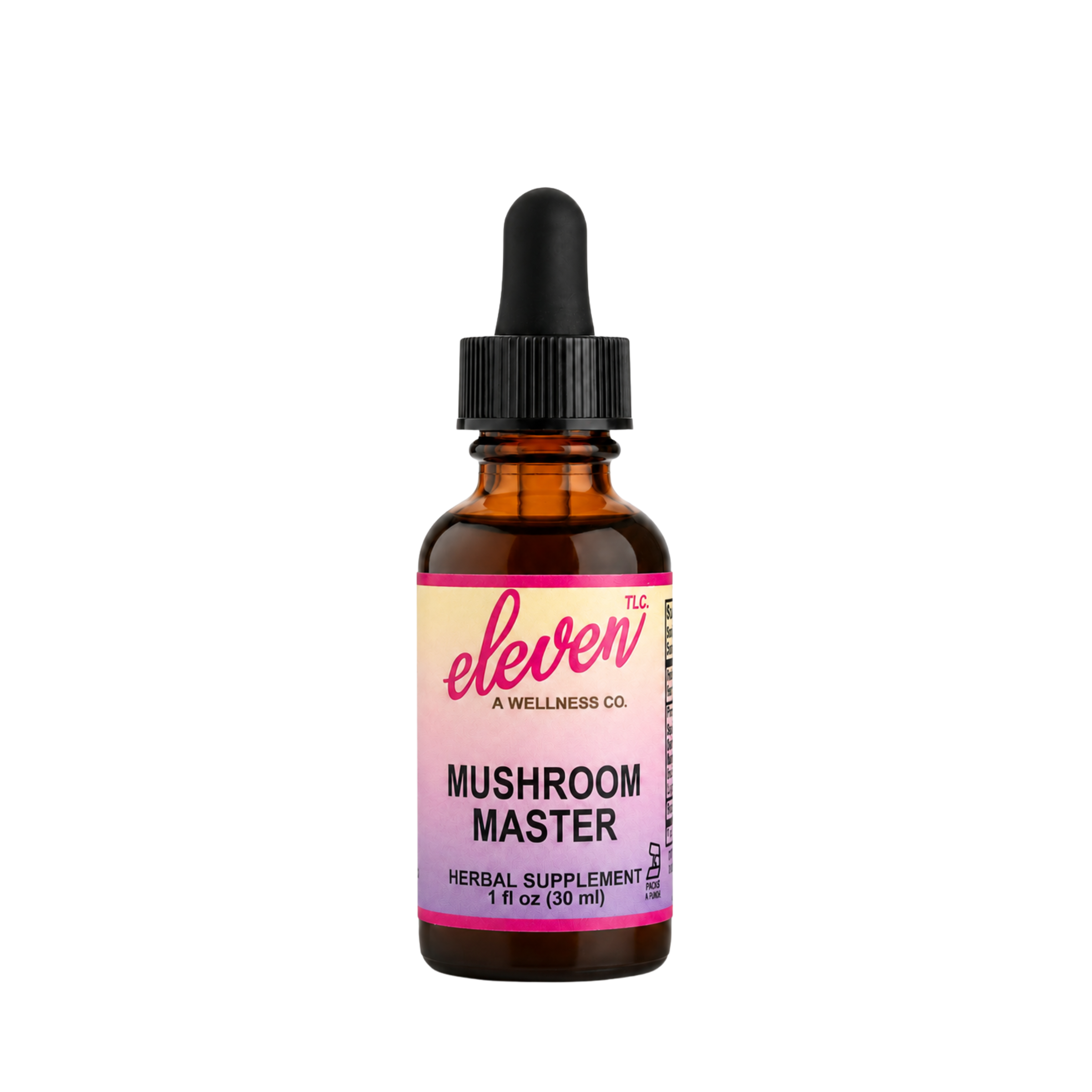 Eleven TLC 1oz Mushroom Master herbal tincture bottle with black dropper, front label branding on white background.