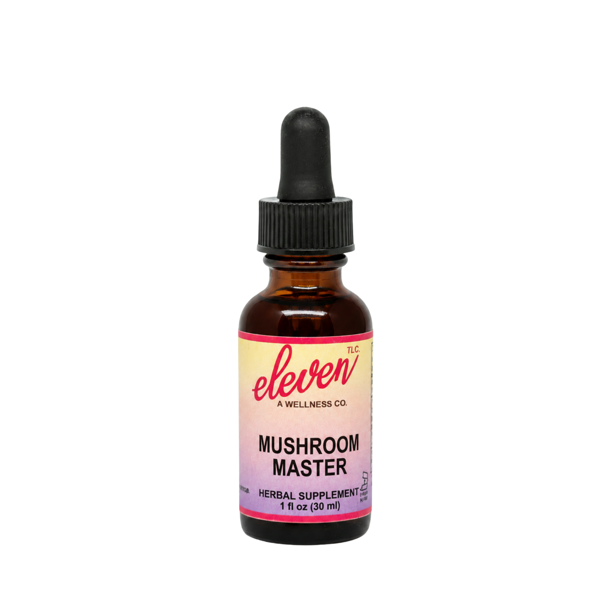 Eleven TLC 1oz Mushroom Master herbal tincture bottle with black dropper, front label branding on white background.