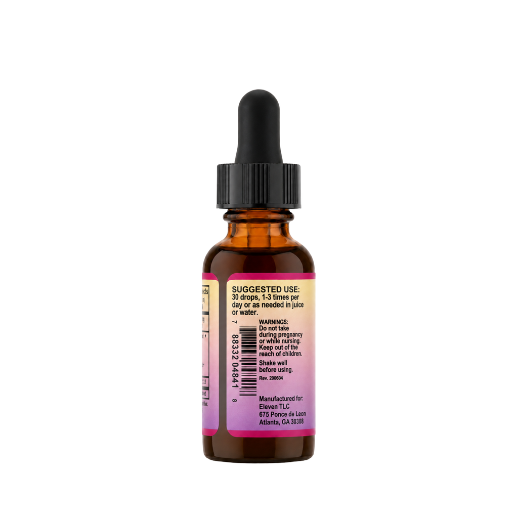 Eleven TLC Mushroom Master 1 oz tincture amber bottle with dropper, showing the label with suggested usage instructions and product warnings.