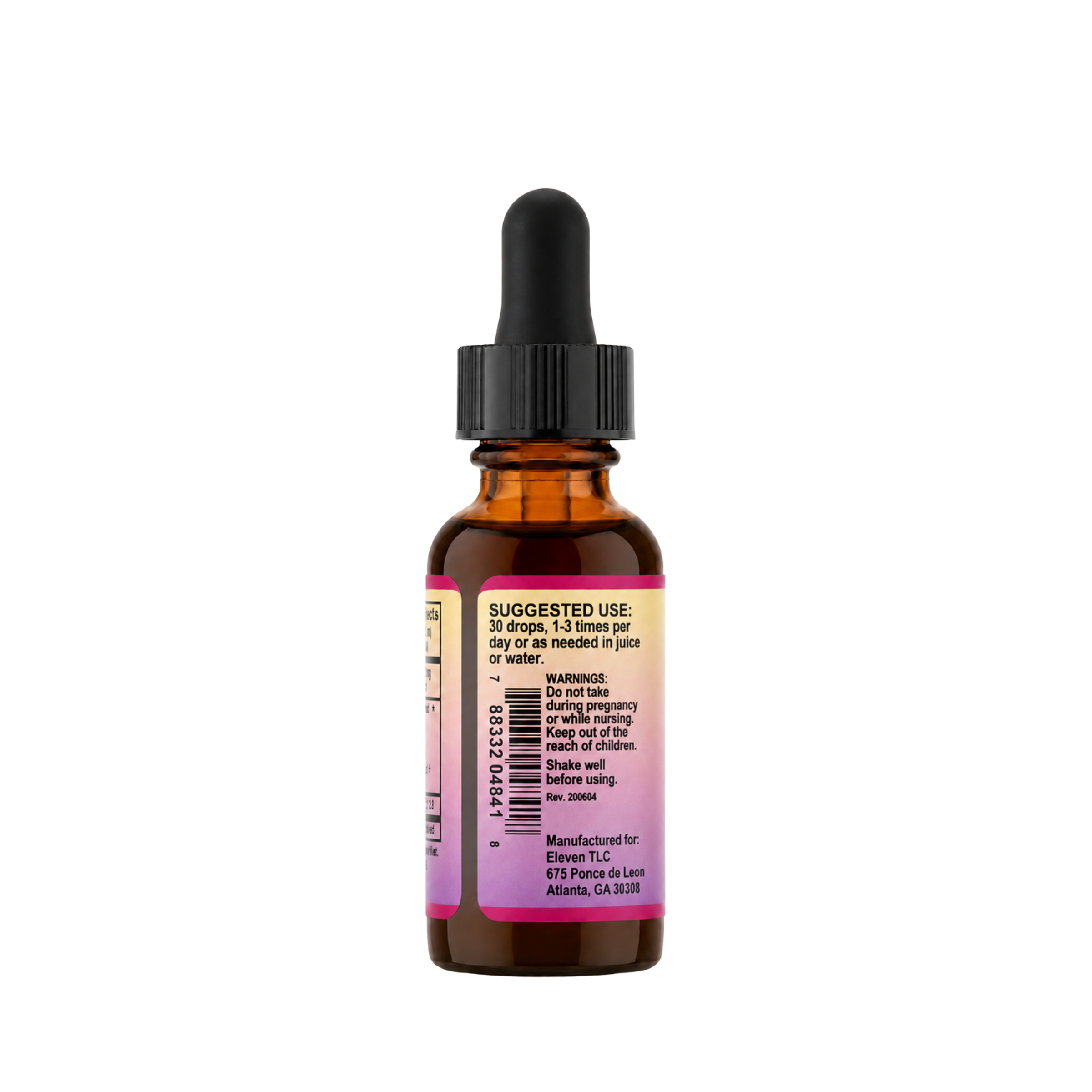 Eleven TLC Mushroom Master 1 oz tincture amber bottle with dropper, showing the label with suggested usage instructions and product warnings.