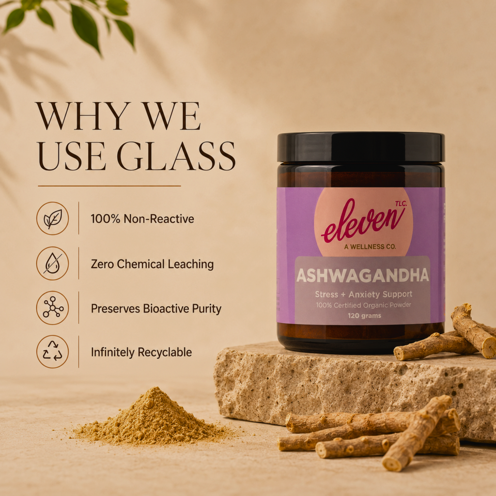 Why We Use Glass infographic with the Eleven TLC organic ashwagandha root powder 120g amber glass jar on stone beside ashwagandha roots and powder: non-reactive, zero chemical leaching, preserves bioactive purity and infinitely recyclable.