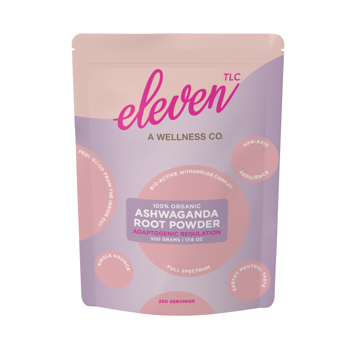 Front panel of Eleven TLC organic ashwagandha root powder 500g foodservice pouch; stress and cortisol support.