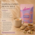 Ashwagandha Moon Milk recipe card with the Eleven TLC organic ashwagandha root powder 500 g pouch, a steaming mug of spiced milk, honey, cinnamon sticks, ginger and cardamom, with ingredients and a five-step method.