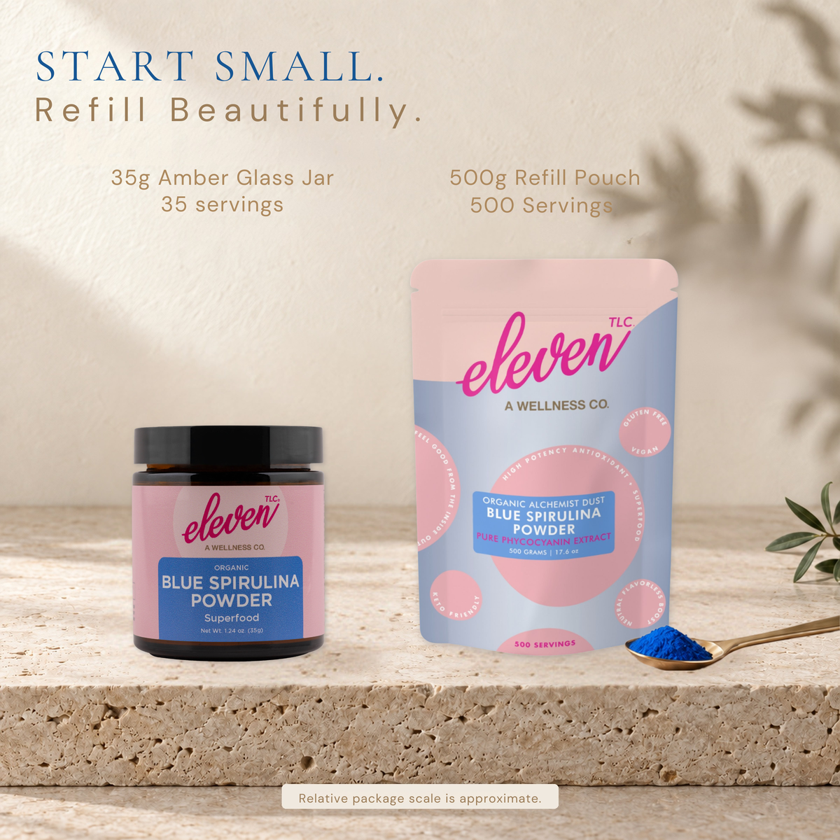 Eleven TLC Organic Blue Spirulina Powder in a 35 g amber-glass jar beside the 500 g refill pouch, showing two sizes for home use and refilling.