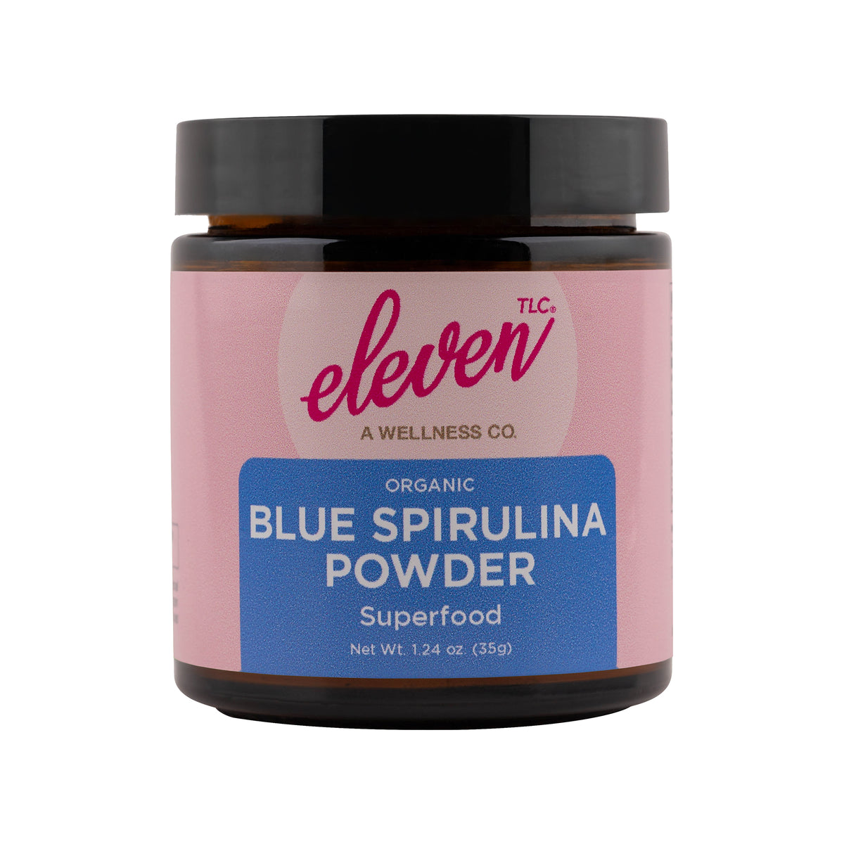 Eleven TLC organic blue spirulina powder in a 35 g amber glass jar, front label on a white background.