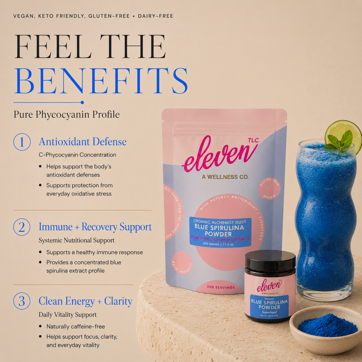 Feel the Benefits infographic for Eleven TLC organic blue spirulina powder 500g, showing antioxidant defense, immune and recovery support, and clean energy with pouch, jar and blue smoothie on warm sand background.