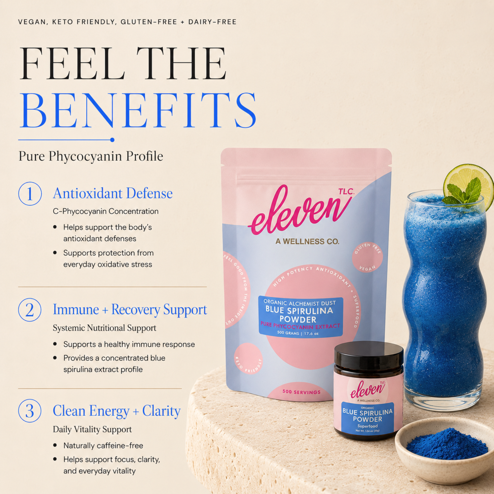 Eleven TLC organic blue spirulina powder 500g pouch, jar, and beverage infographic on beige background.