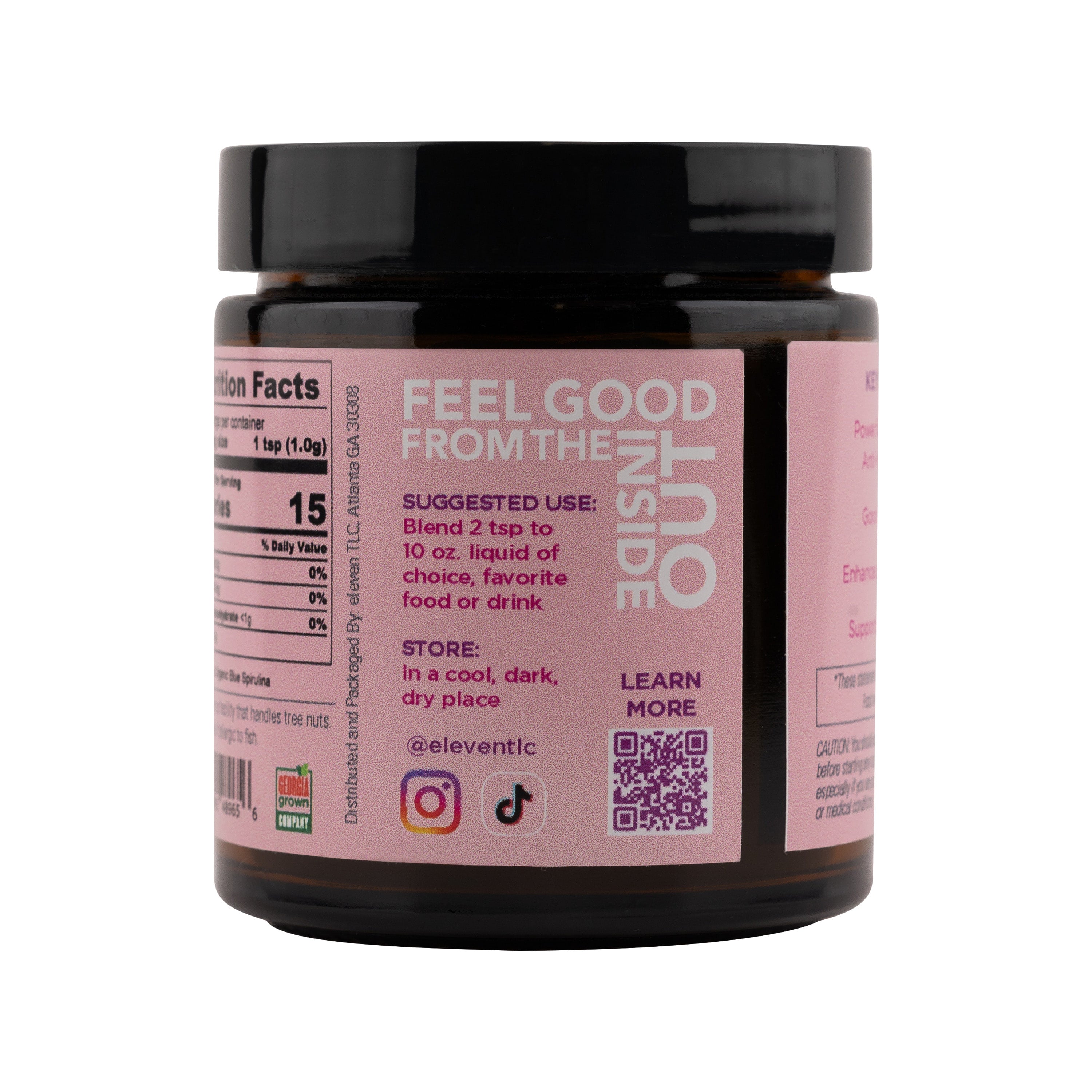 Eleven TLC organic blue spirulina powder product label detailing suggested use, storage instructions, and QR code link.