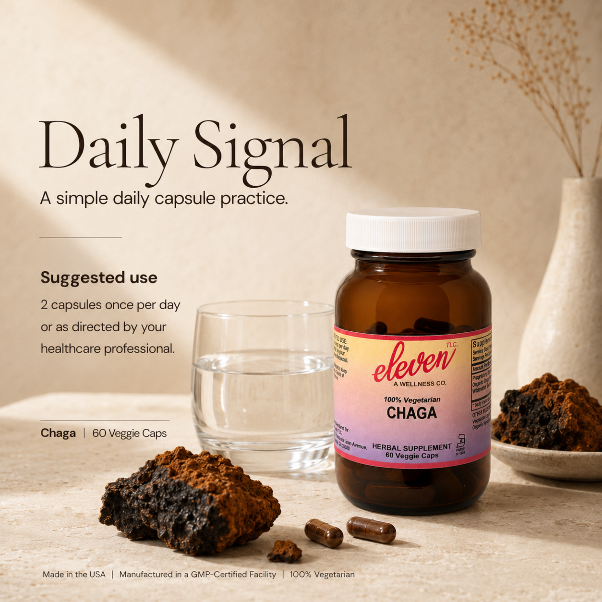 Eleven TLC Chaga Mushroom capsules bottle showing Daily Signal: 2 capsules daily for immune support.