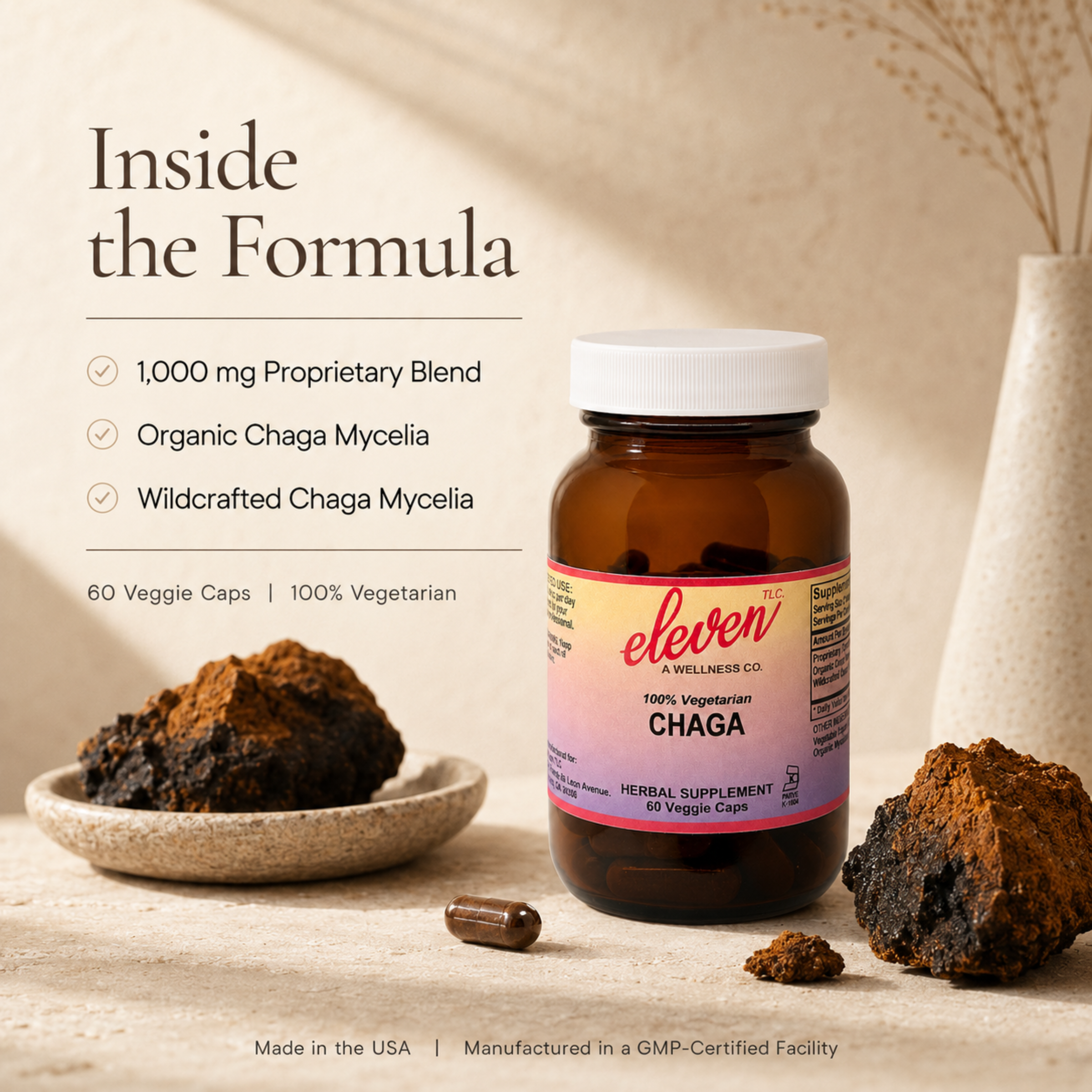 Eleven TLC Chaga Mushroom capsules bottle with raw chaga, showing 1,000mg organic and wildcrafted chaga mycelia.