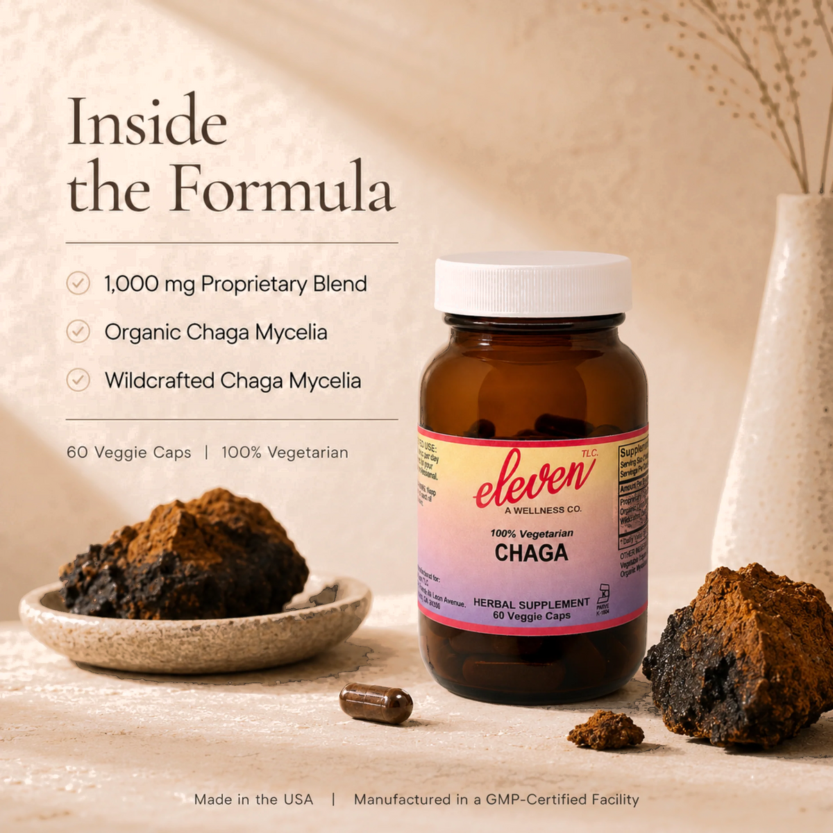 Eleven TLC Chaga Mushroom capsules bottle with raw chaga, showing 1,000mg organic and wildcrafted chaga mycelia.