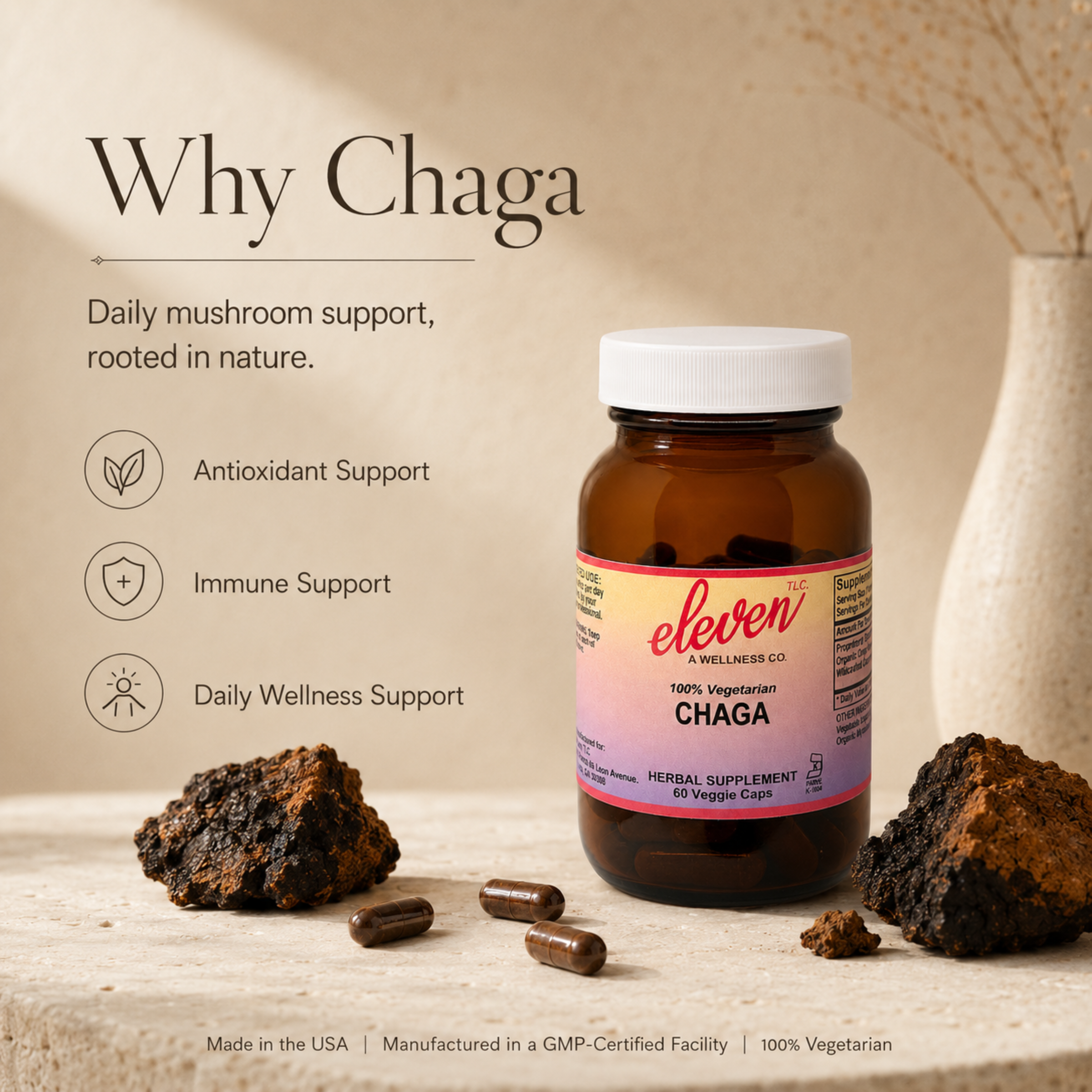 Eleven TLC Chaga Mushroom capsules bottle graphic: antioxidant, immune, and daily wellness support.