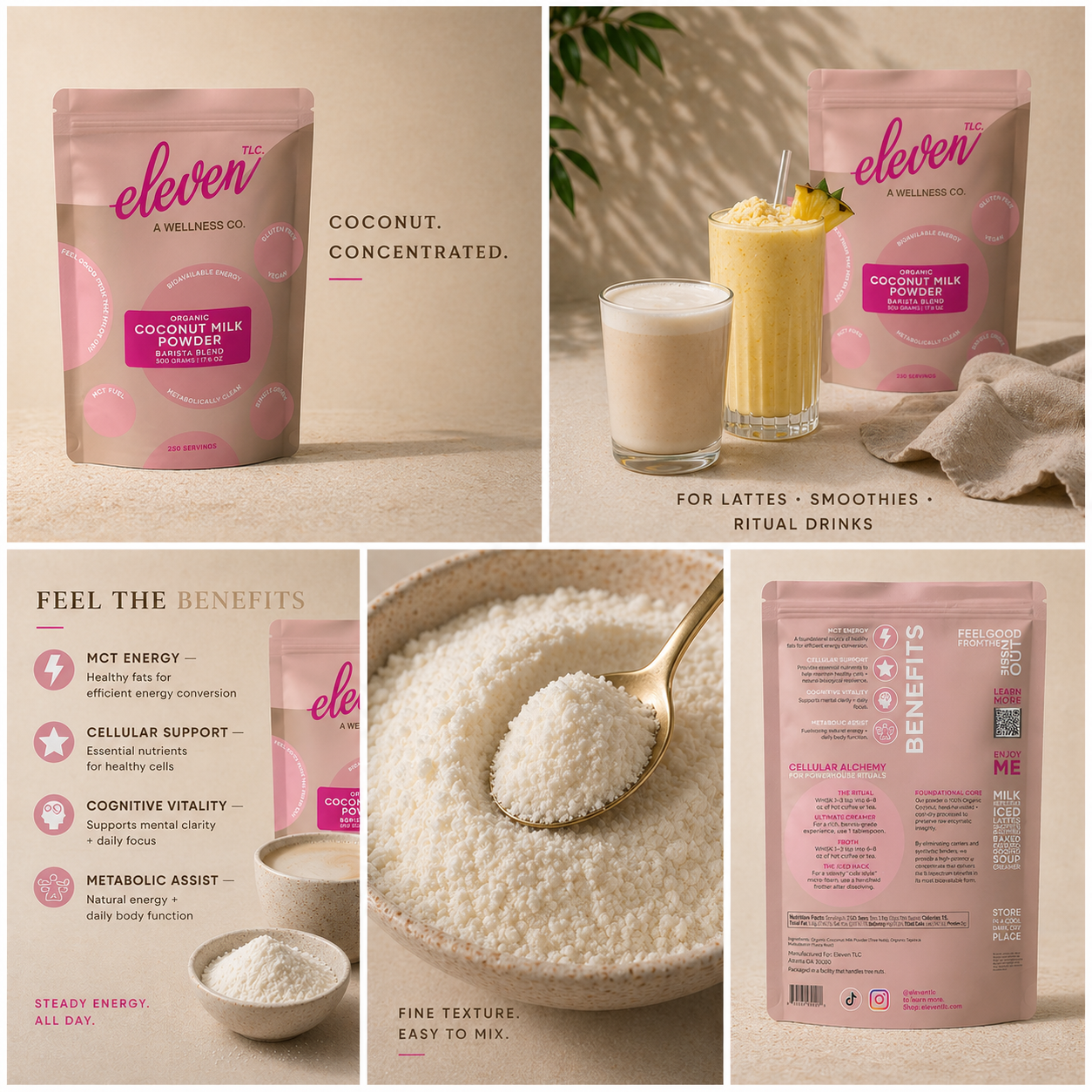 Eleven TLC Organic Coconut Milk Powder collage showing product pouch, fine powder texture, health benefits and use in lattes smoothies and ritual drinks