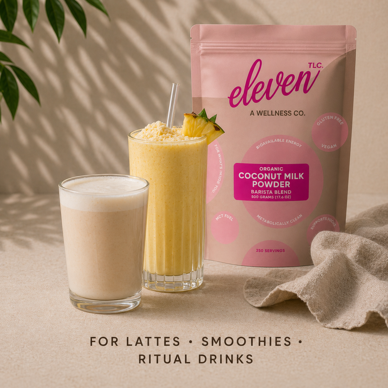 Eleven TLC Organic Coconut Milk Powder barista blend with a coconut latte and pineapple smoothie – perfect for lattes, smoothies and ritual drinks