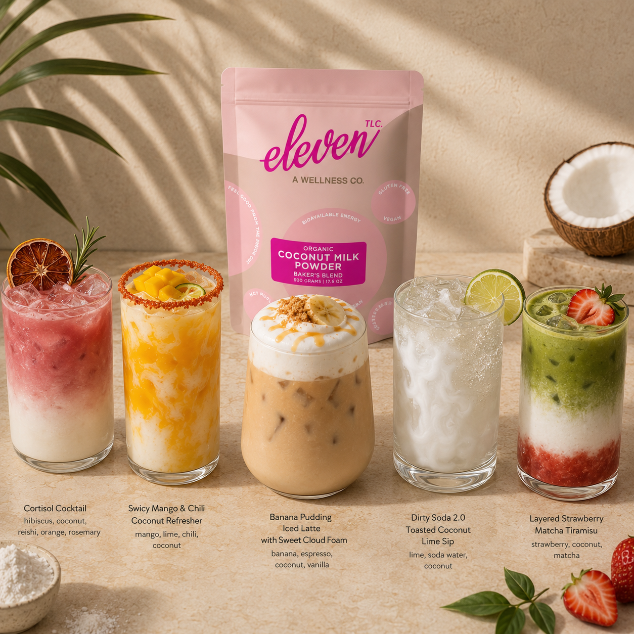 Five coconut milk powder drink recipes made with Eleven TLC Organic Coconut Milk Powder – including iced latte, matcha, mango refresher and cortisol cocktail