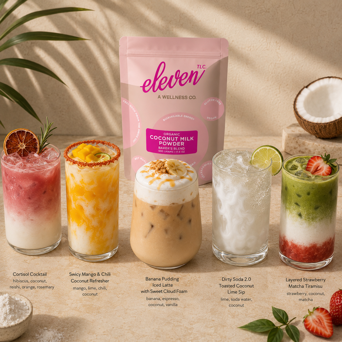 Five drinks made with Eleven TLC Coconut Milk Powder, including an iced latte, a matcha latte and a mango refresher