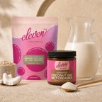 Eleven TLC Coconut MCT Oat Creamer 500g pouch and amber glass jar with a prepared drink and fresh coconut.