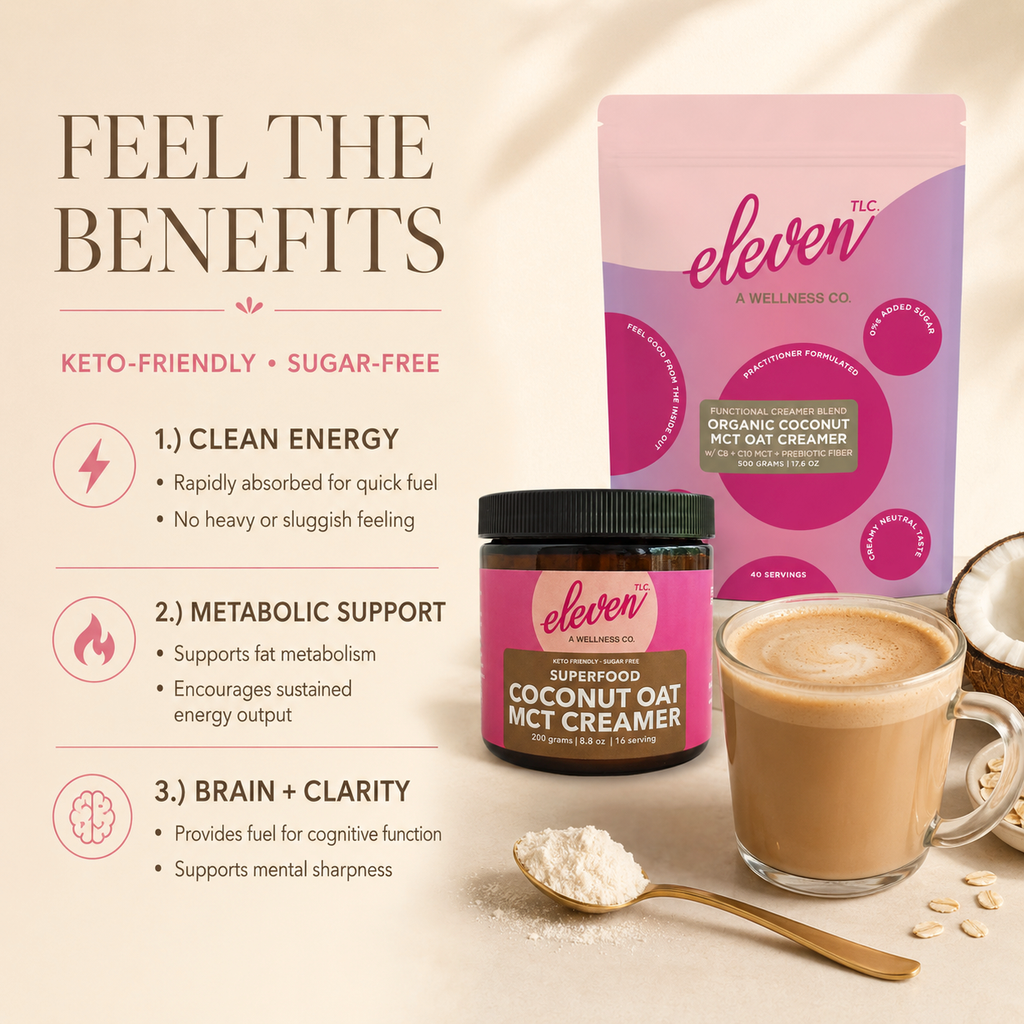 Feel the Benefits infographic for Eleven TLC Organic Coconut Oat MCT Creamer: keto-friendly and sugar-free, highlighting clean energy, metabolic support and brain clarity, shown with the 500g pouch, amber glass jar, a creamy latte and a spoon of powder.