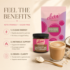 Feel the Benefits infographic for Eleven TLC Organic Coconut Oat MCT Creamer: keto-friendly and sugar-free, highlighting clean energy, metabolic support and brain clarity, shown with the 500g pouch, amber glass jar, a creamy latte and a spoon of powder.