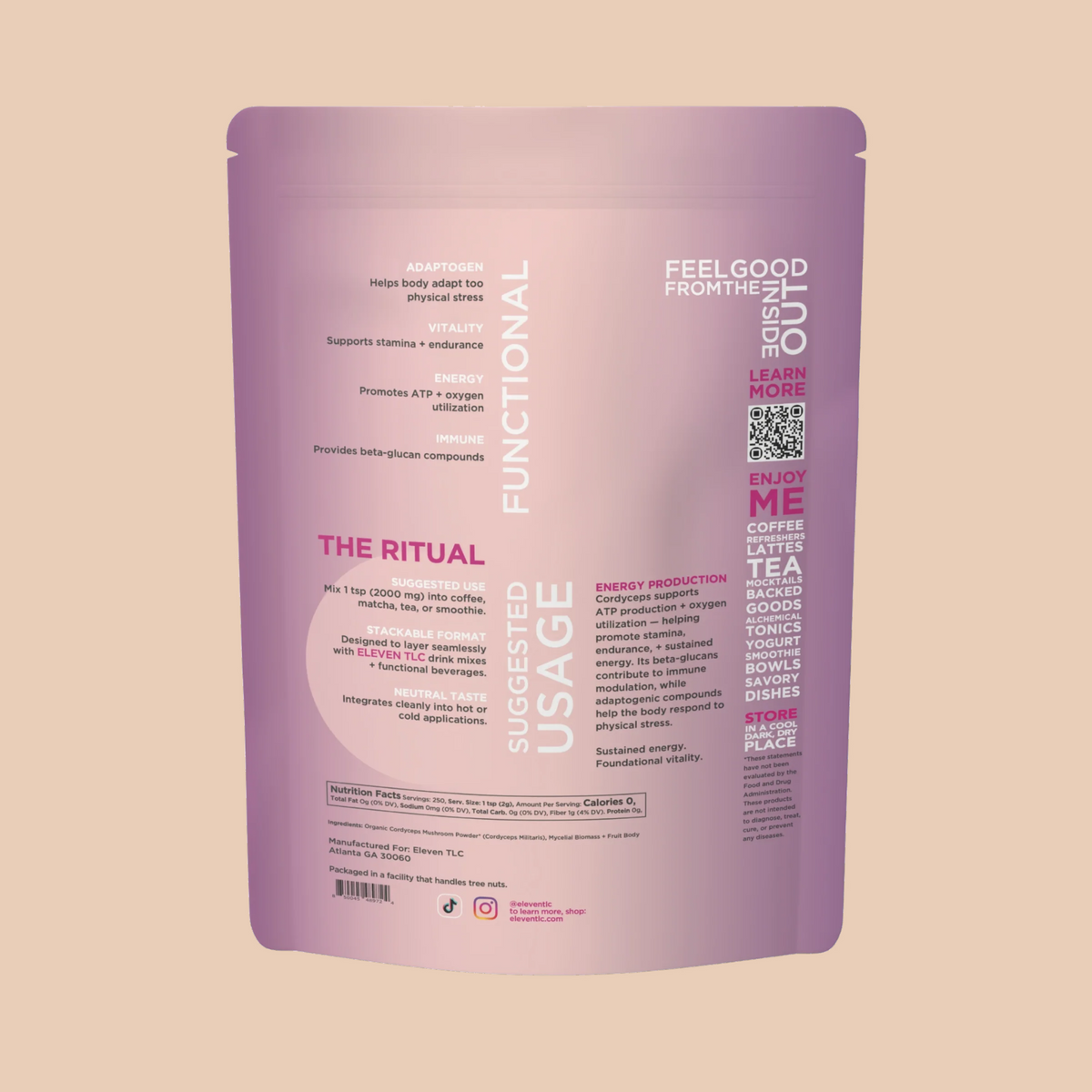 Back panel of organic cordyceps militaris powder pouch detailing 250 servings and daily signal usage instructions.