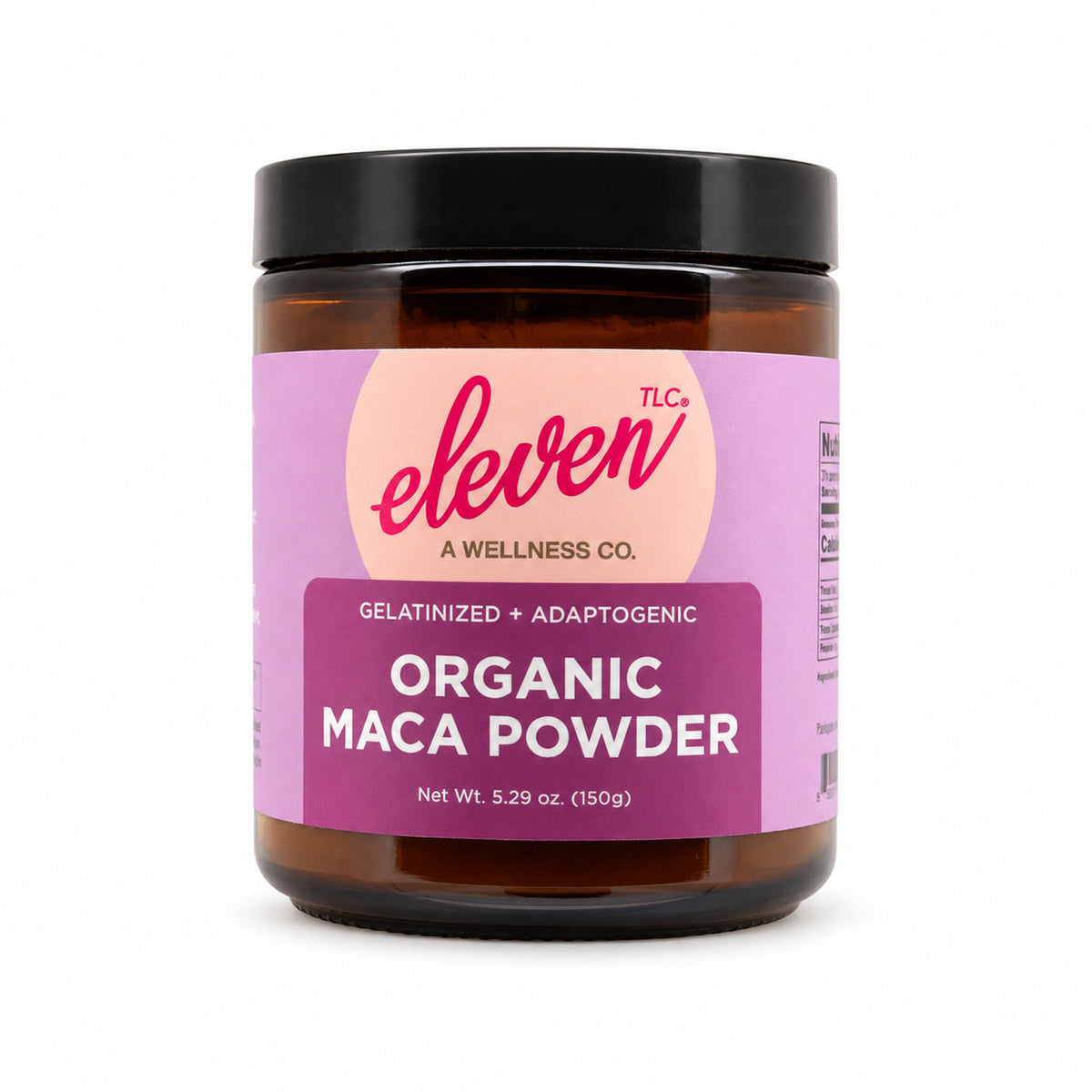 Front of the Eleven TLC Organic Maca Powder amber glass jar, gelatinized and adaptogenic, net wt. 5.29 oz (150g), on a white background.