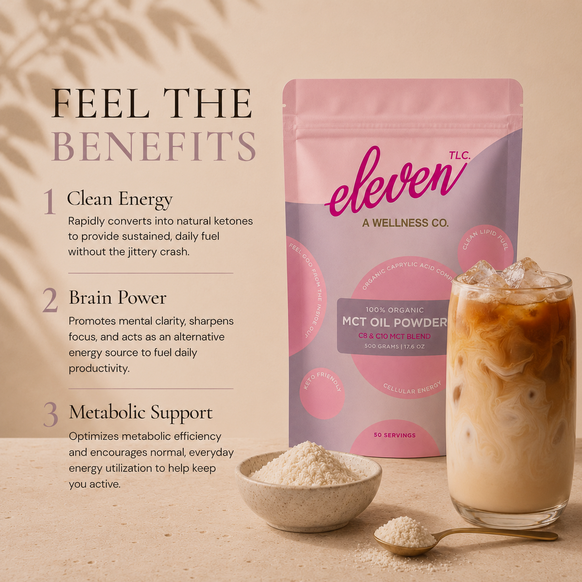Feel the Benefits infographic for Eleven TLC organic MCT oil powder 500g: clean energy, brain power and metabolic support, shown with the pouch, an iced latte and a bowl of white powder.