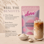 Feel the Benefits infographic for Eleven TLC organic MCT oil powder 500g: clean energy, brain power and metabolic support, shown with the pouch, an iced latte and a bowl of white powder.