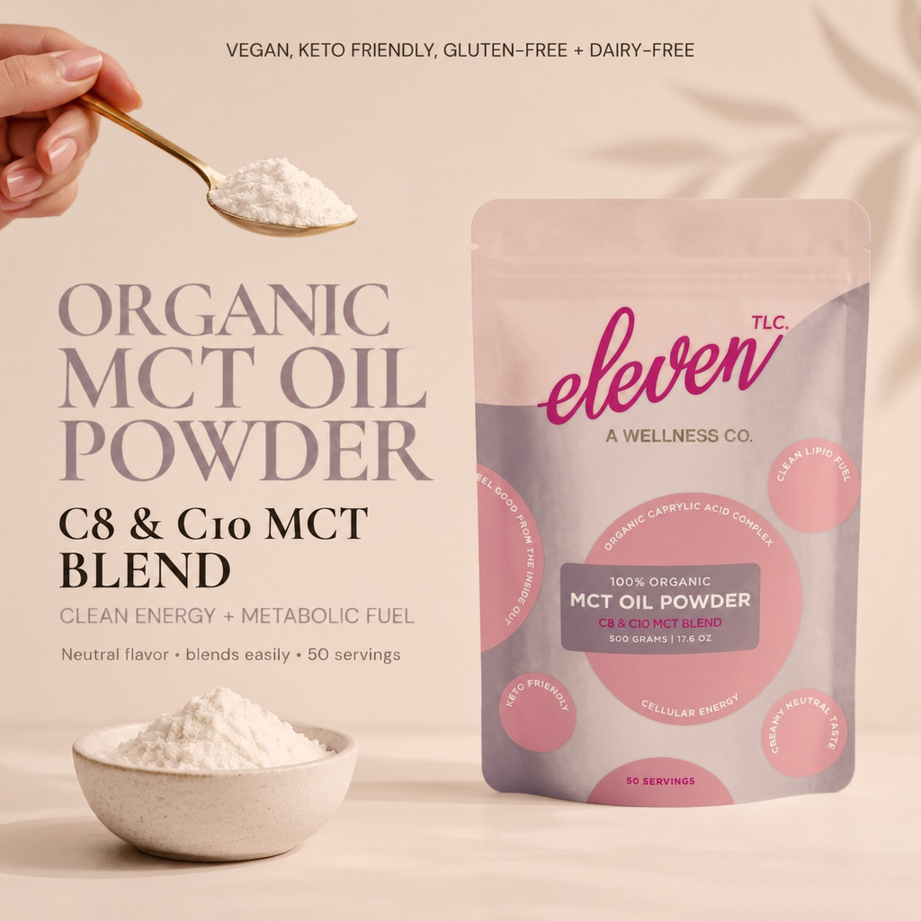 Hand holding a gold spoon of white Eleven TLC organic MCT oil powder beside the 500g pouch and a bowl of powder, labeled organic MCT oil powder, C8 and C10 MCT blend; vegan, keto friendly, gluten-free and dairy-free.
