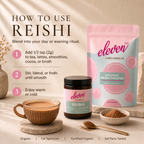 Eleven TLC reishi powder daily signal preparation guide: add 2g to beverage, stir until smooth, enjoy warm or cold.