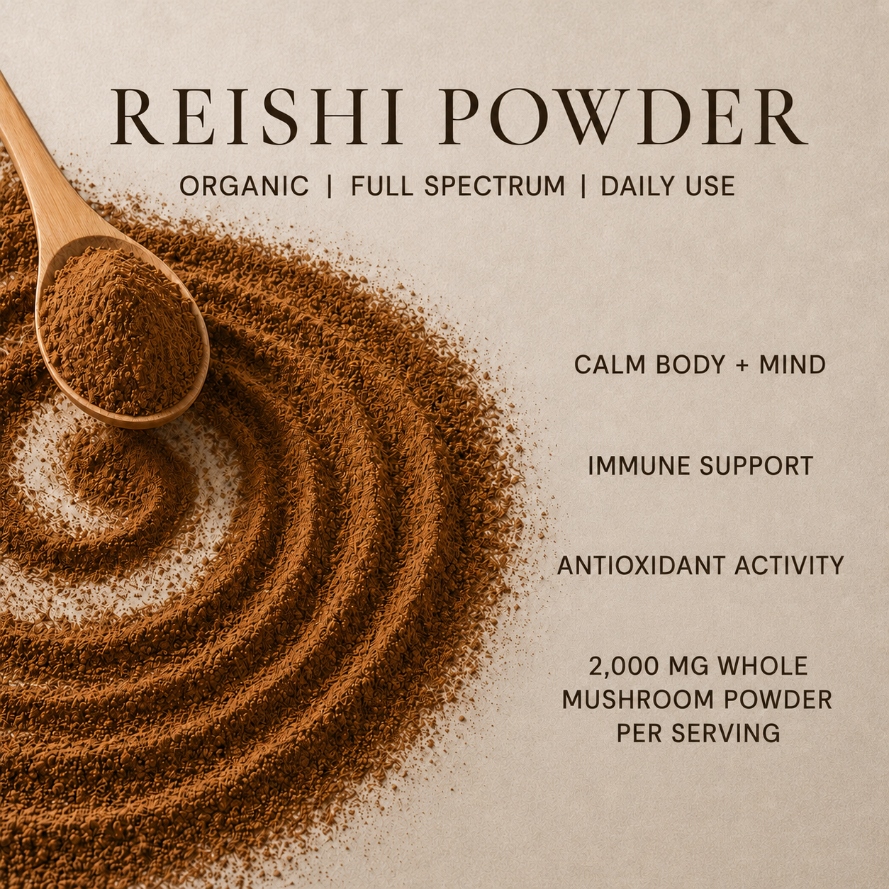 Reishi powder swirl with wooden spoon, highlighting immune support, antioxidant activity, and 2,000 mg per serving
