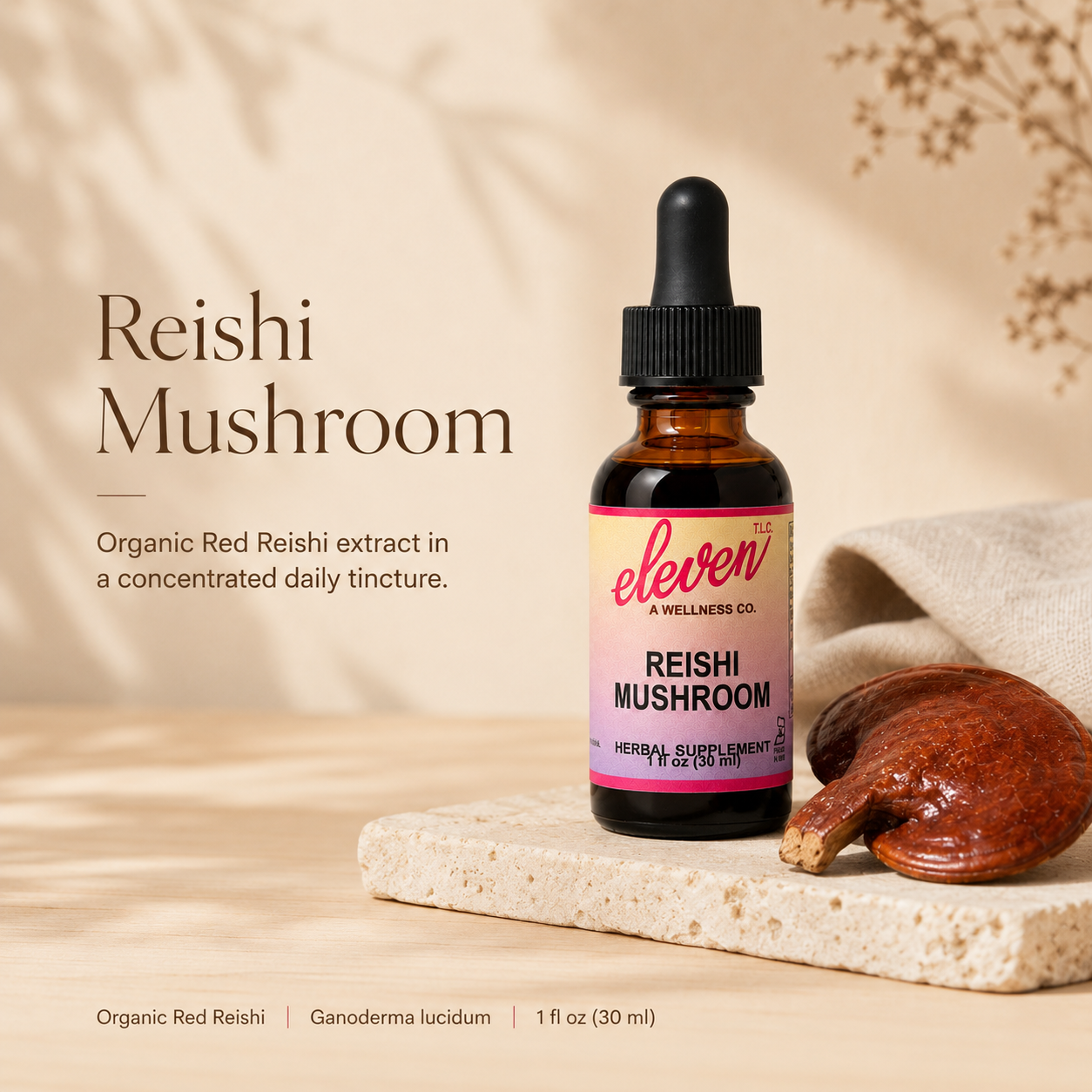 Eleven TLC organic red reishi tincture 1oz bottle with whole reishi mushroom on stone, showing front label.