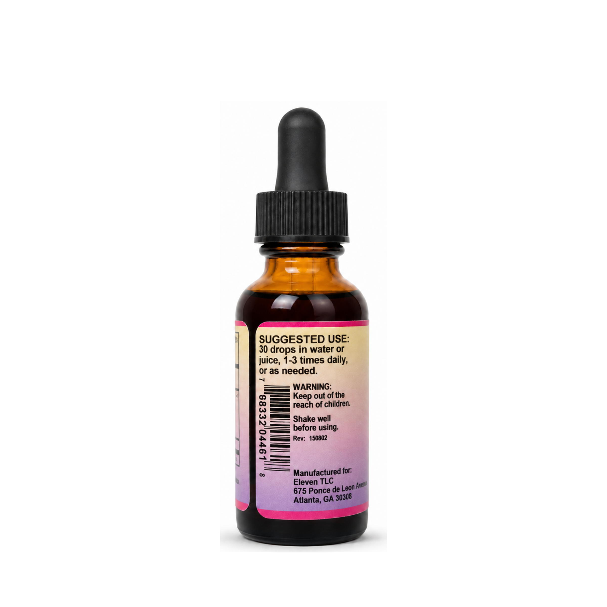 Eleven TLC reishi tincture supplement facts label detail showing ingredients, herb strength ratio, and usage instructions.