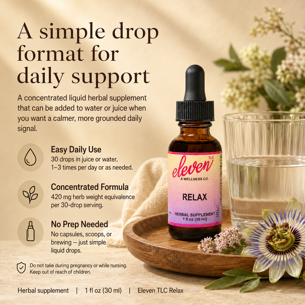 Eleven TLC Relax herbal tincture instructional slide featuring 30 drop daily signal, 420mg herb equivalence, and usage guide.