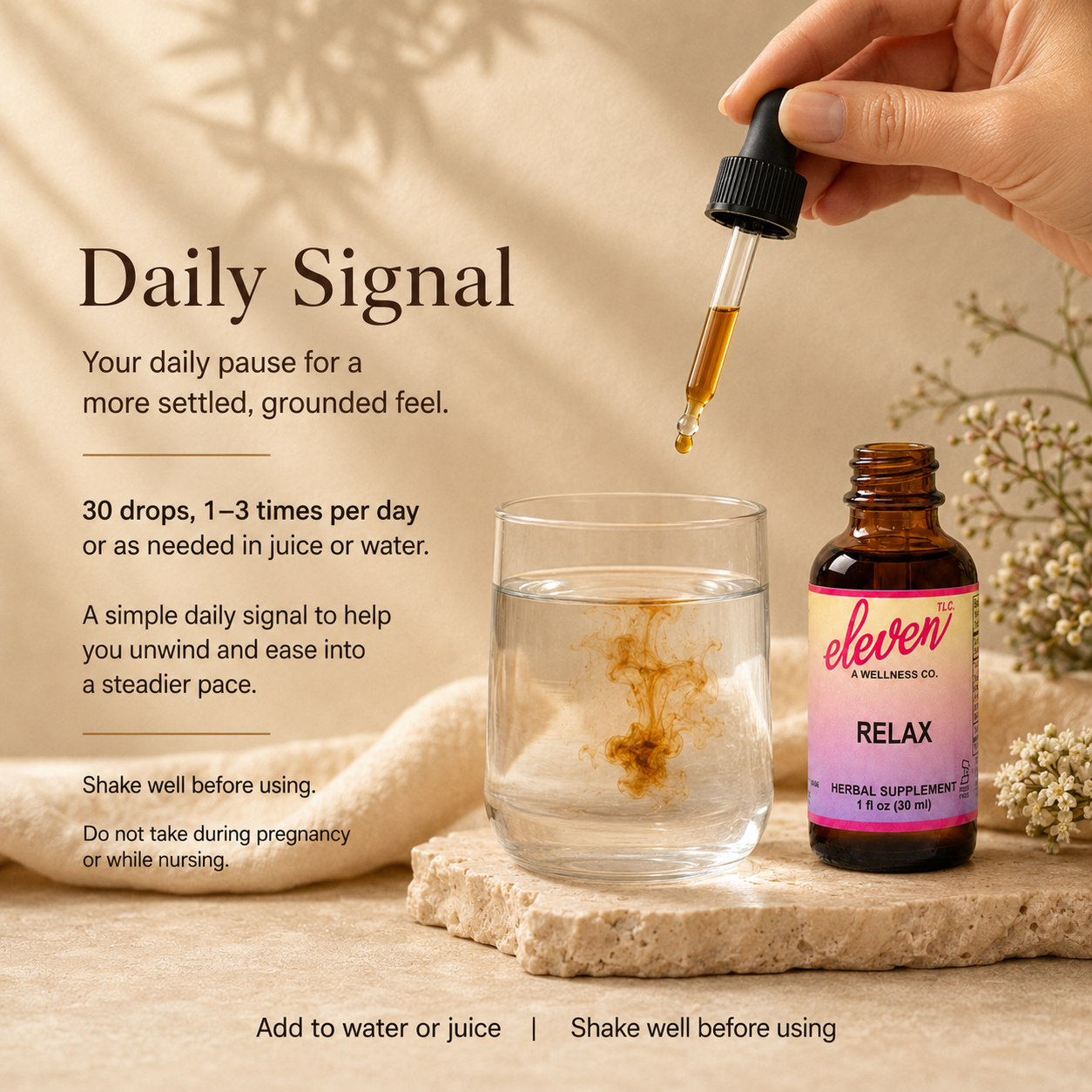 Eleven TLC Relax tincture instructional slide detailing daily dosage of 30 drops for stress support in water or juice.