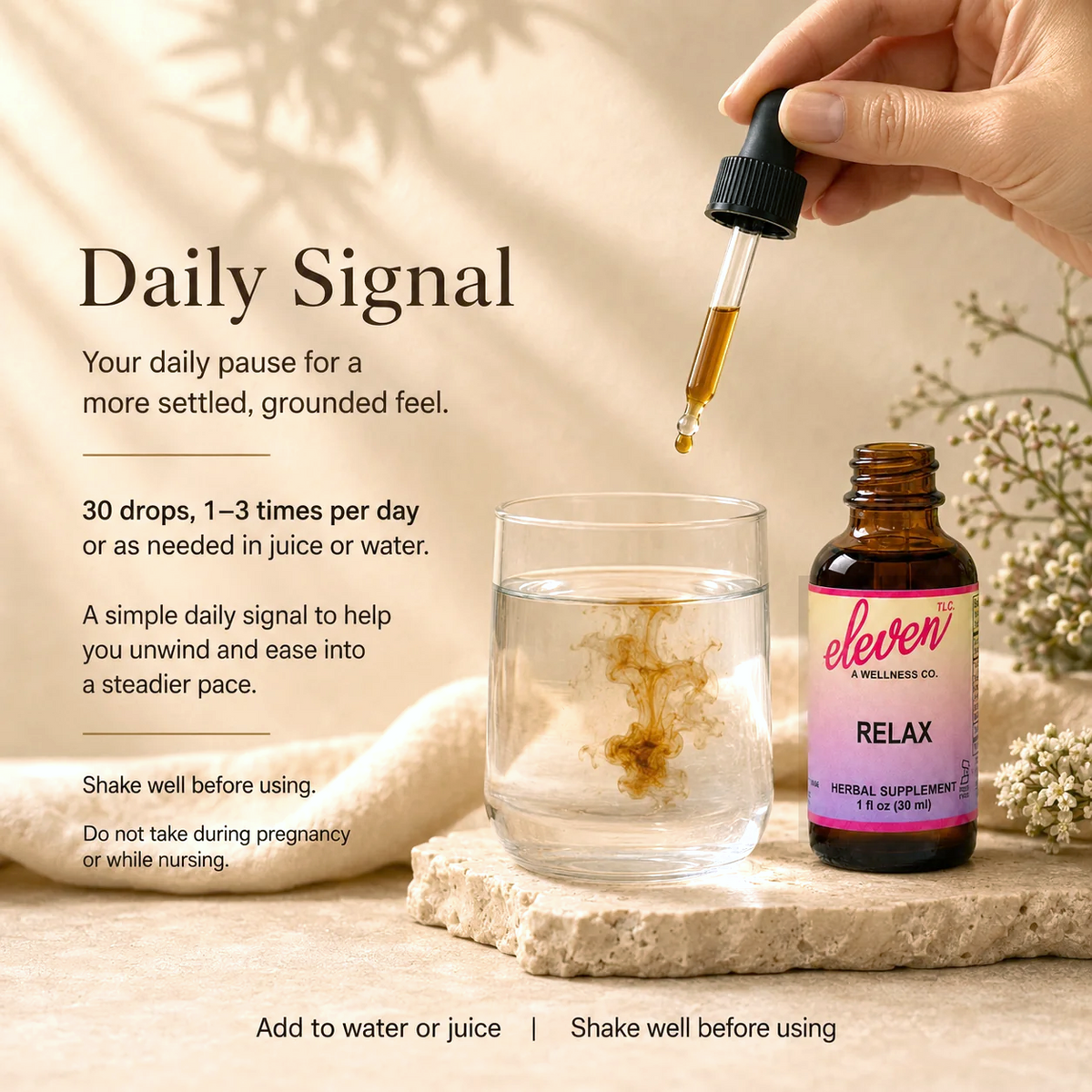 Eleven TLC Relax tincture instructional slide detailing daily dosage of 30 drops for calm support in water or juice.