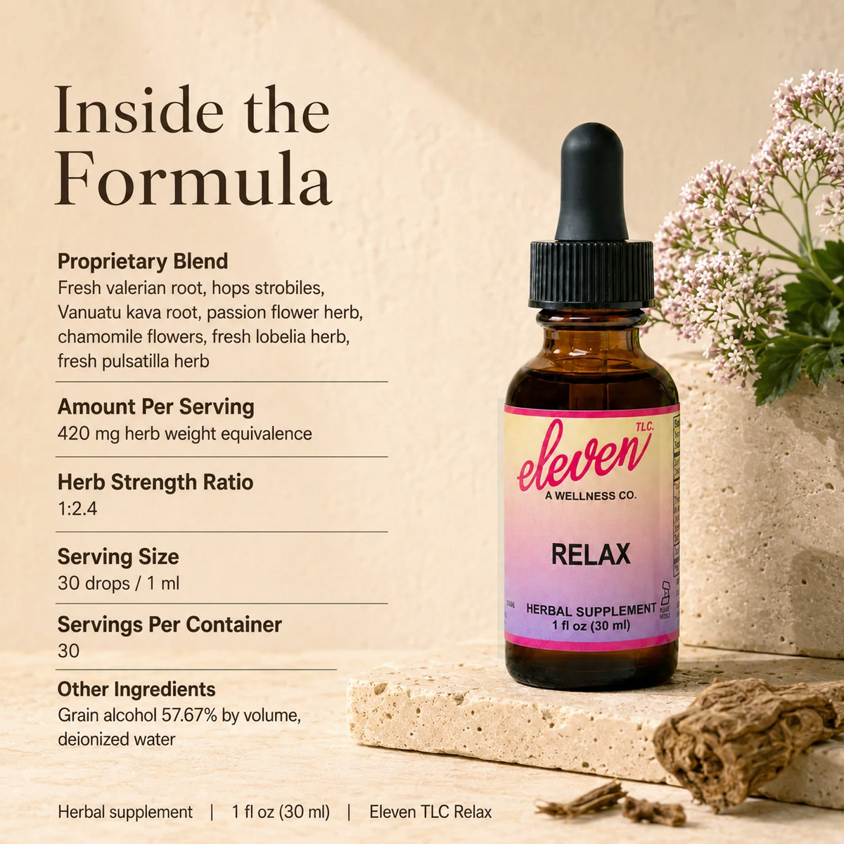Eleven TLC Relax tincture formula breakdown: 1:2.4 herb strength ratio, botanical blend, and 30 serving dosage instructions.