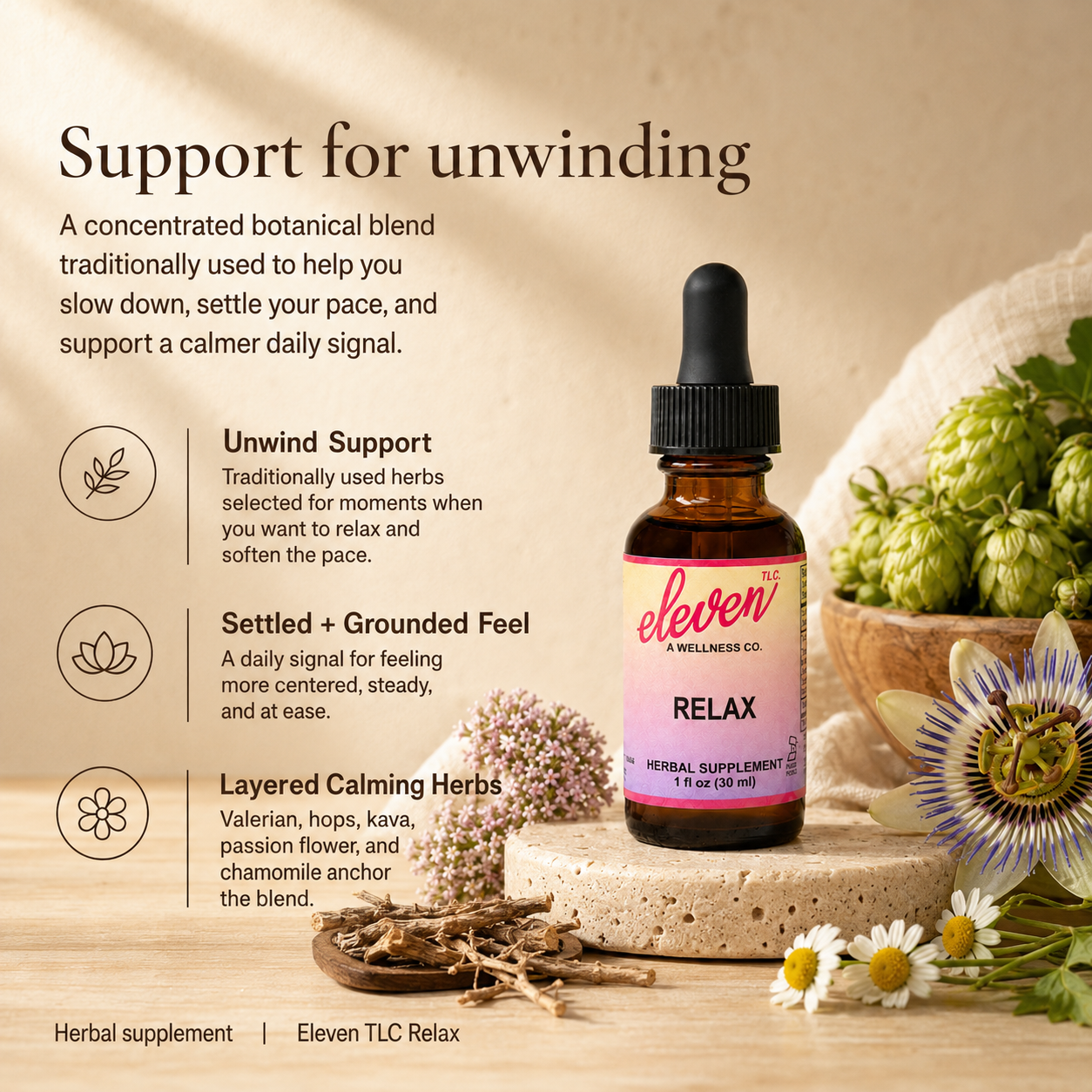Eleven TLC Relax tincture infographic showing botanical benefits for unwinding, including valerian and kava root blend.