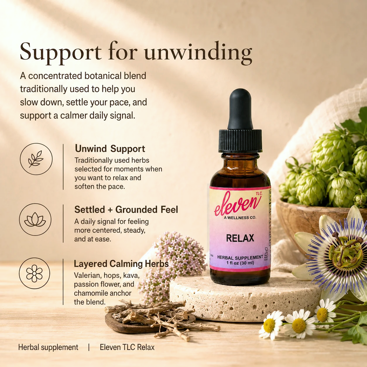 Eleven TLC Relax tincture infographic showing botanical benefits for unwinding, including valerian and kava root blend.