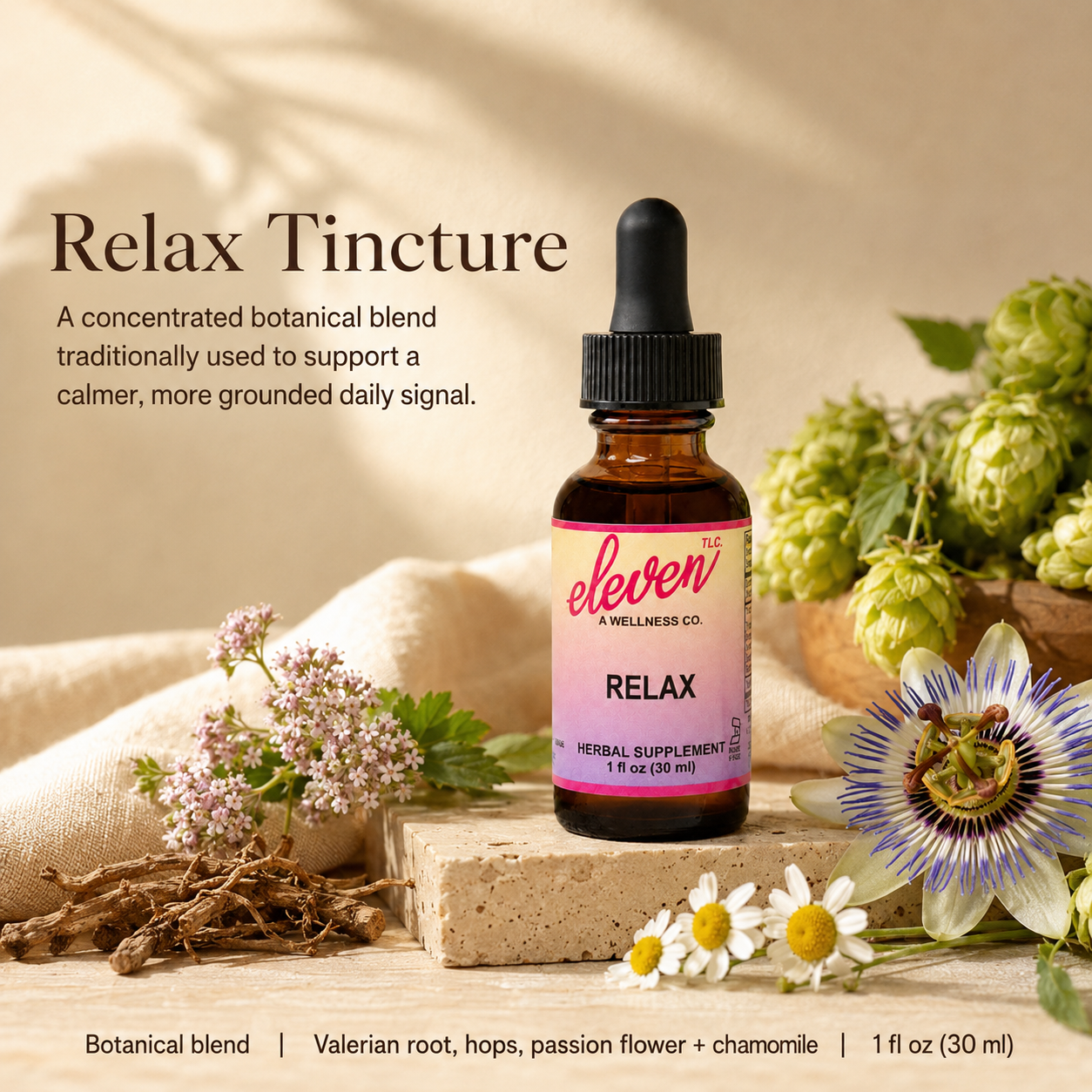 1oz amber glass dropper bottle of Relax herbal tincture featuring Eleven TLC branding, kava and valerian formula for stress.