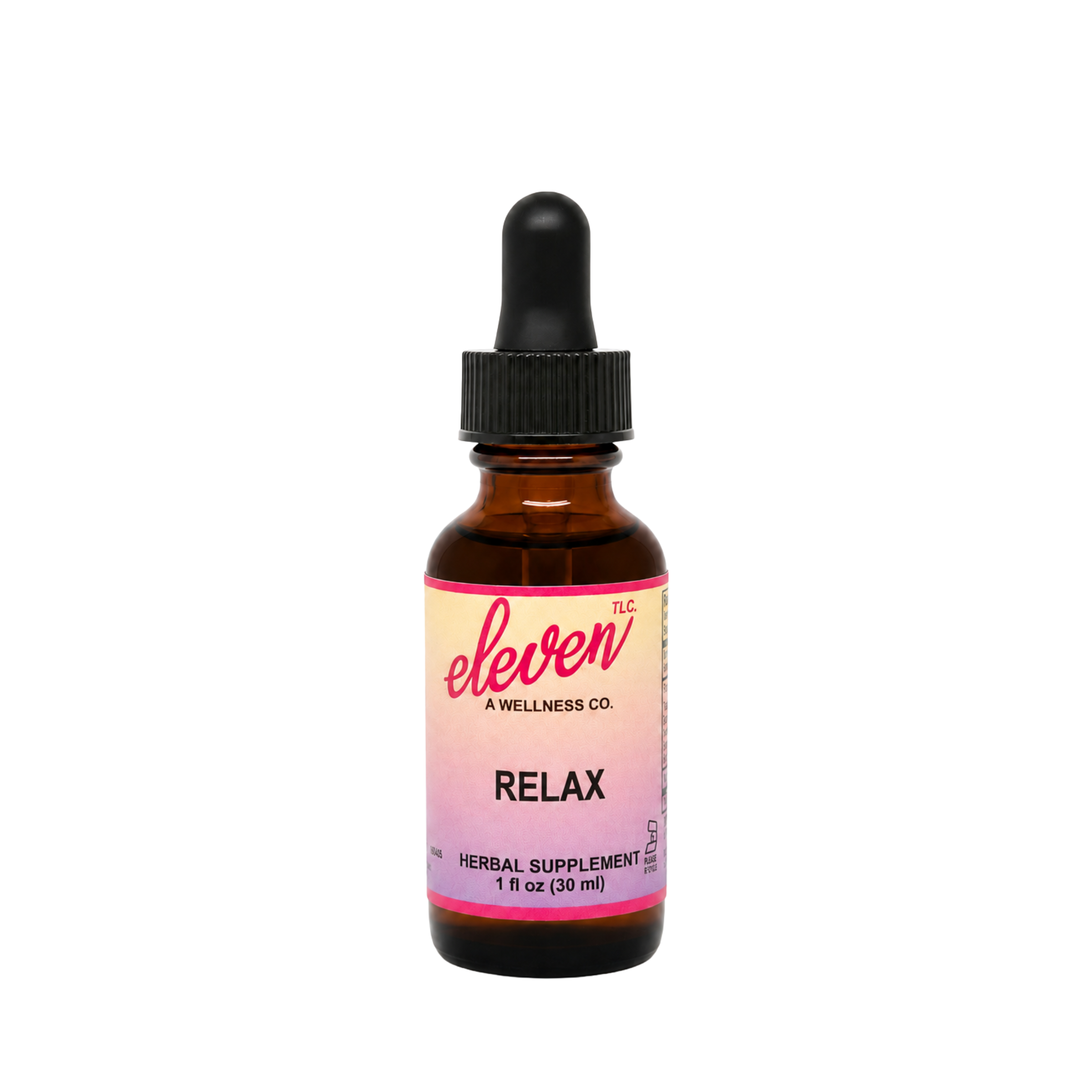 1oz amber glass bottle with dropper, featuring Eleven TLC Relax branding, for herbal stress support.