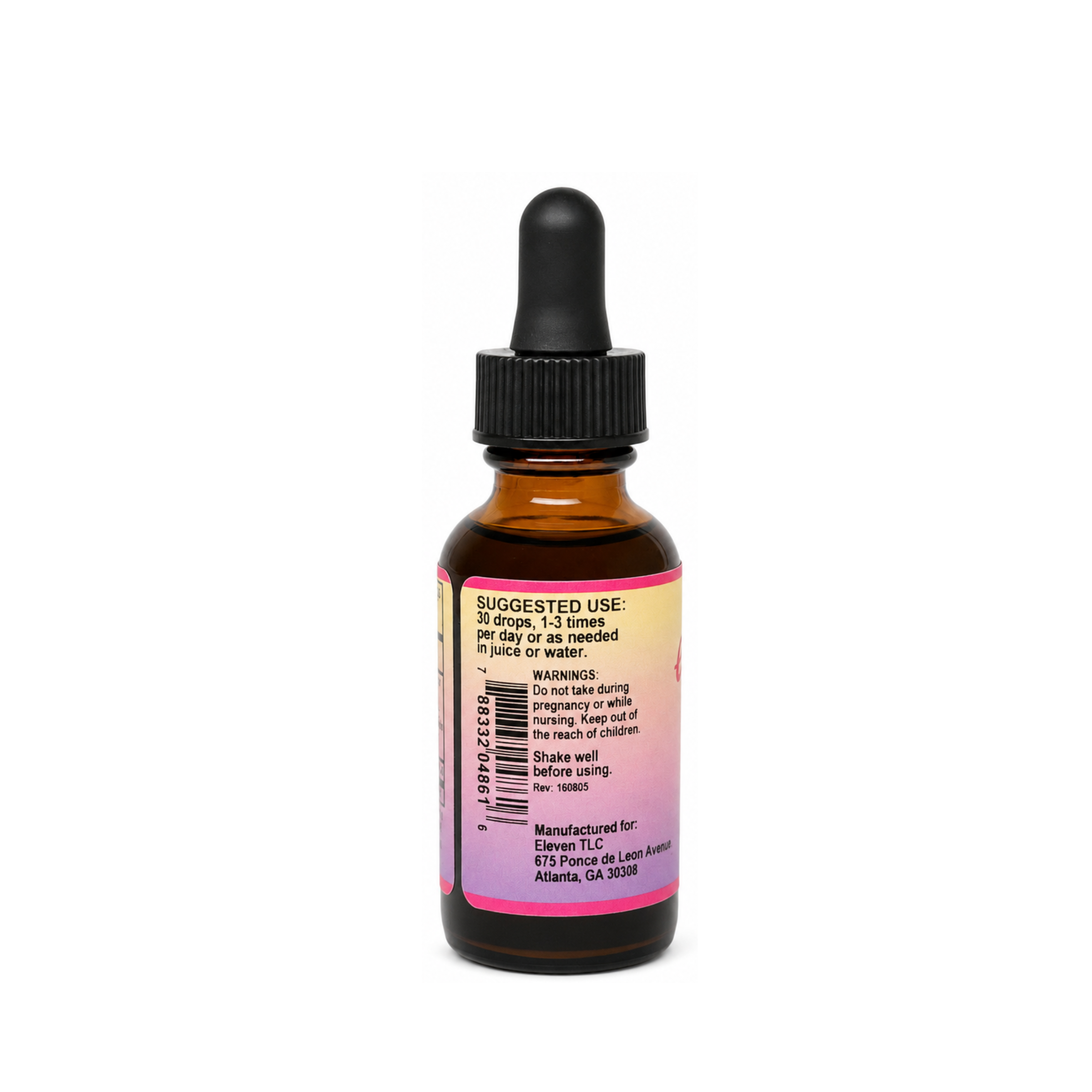 1oz amber glass bottle, side view showing label with Supplement Facts and usage instructions for Relax herbal tincture.