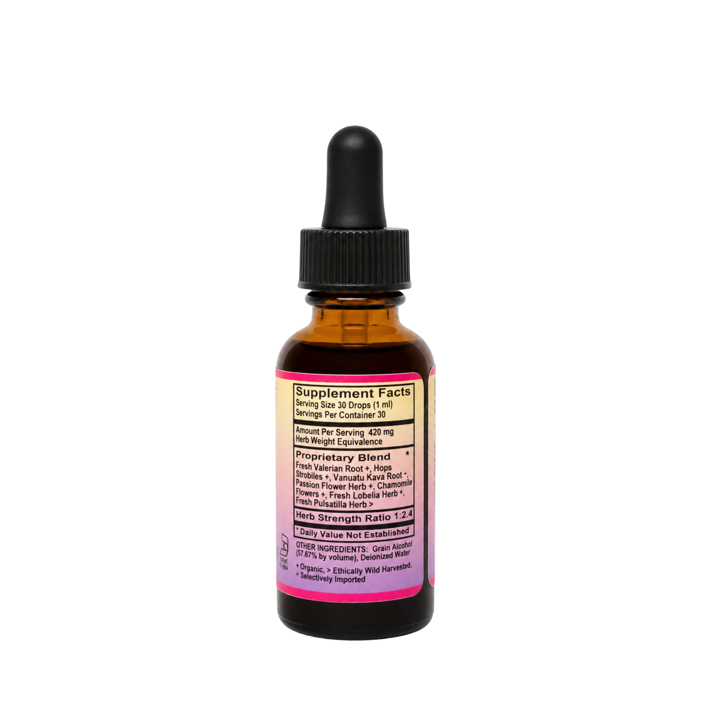 1oz amber glass bottle, side view showing Supplement Facts label for Relax herbal tincture.