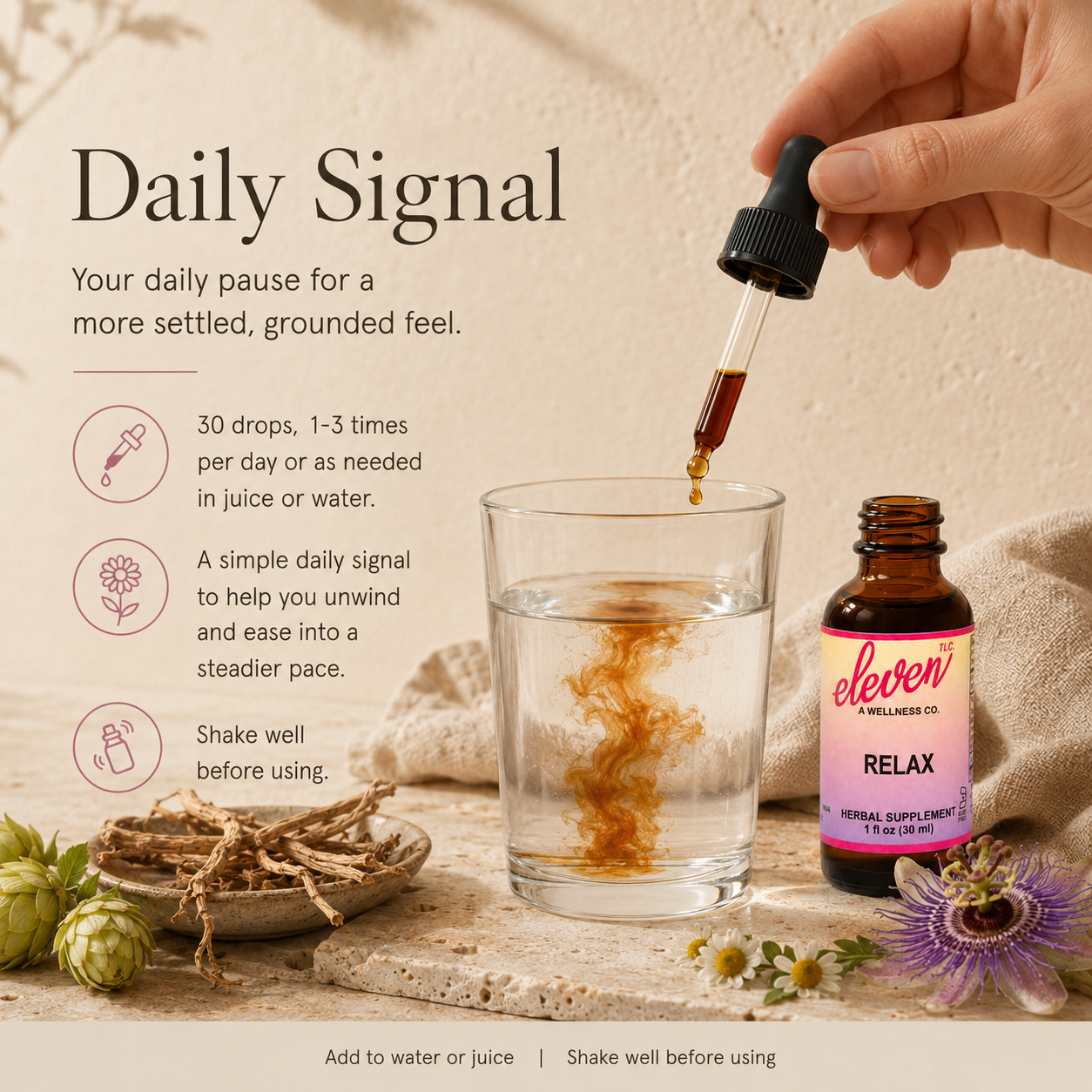 Eleven TLC Relax 1oz tincture bottle pouring into a glass of water, illustrating daily signal routine for stress support.